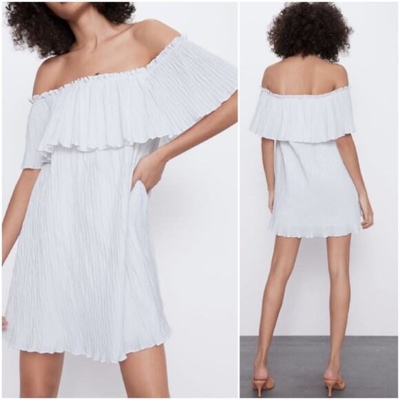 Zara White Off Shoulder Pleated Plisse Mini Dress‎ XS - Picture 1 of 9